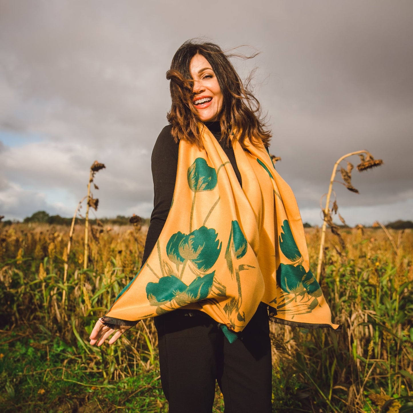 Scarves: Soft Large Scarf - Mustard and Green - 188cm x 62cm