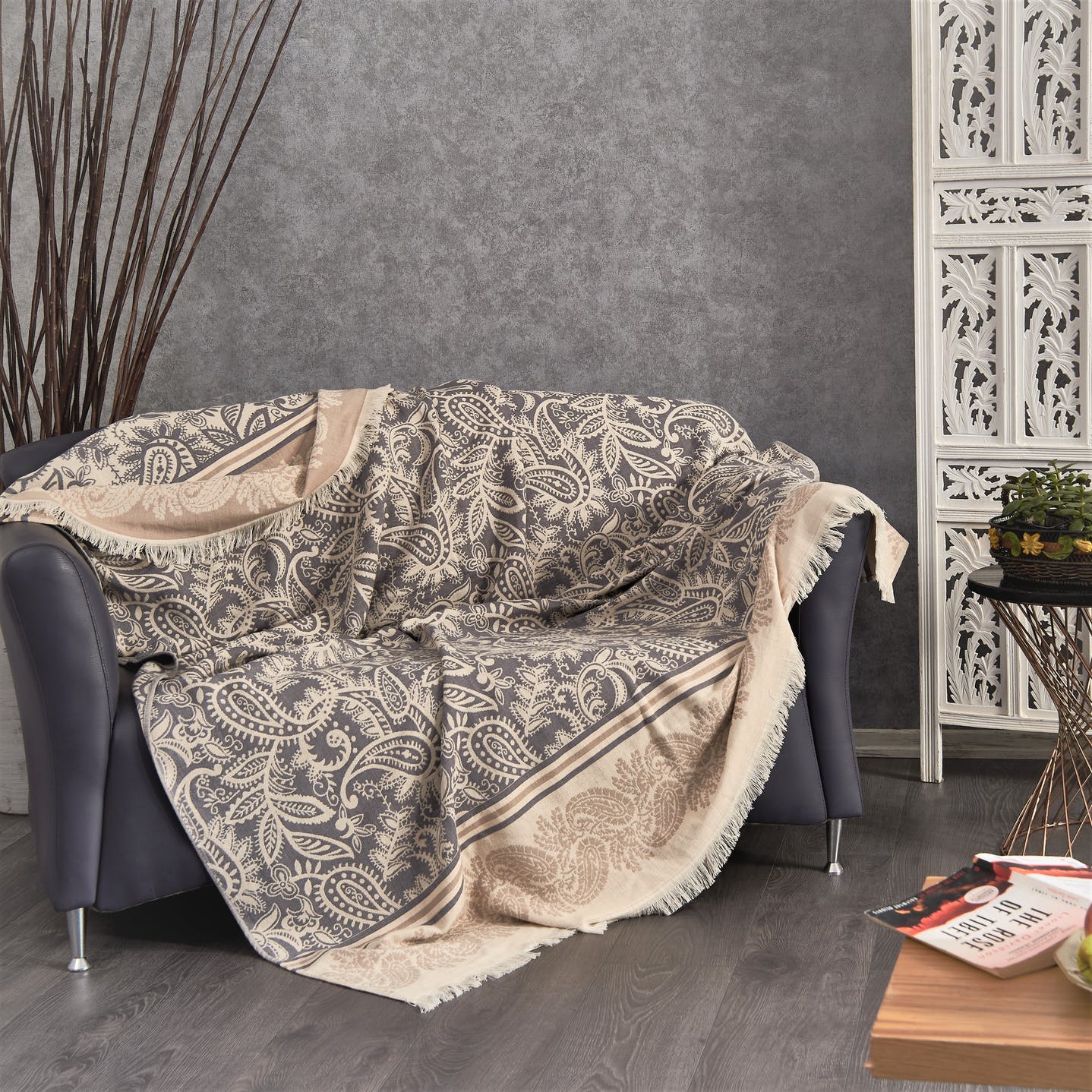 DOLCE PAISLEY COTTON THROW | SMOKE AND BEIGE | 150X210